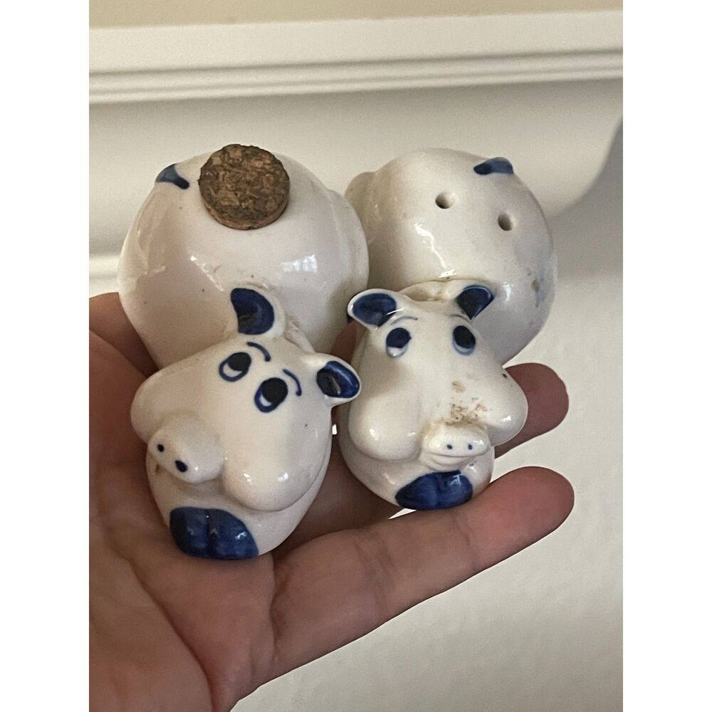 Vintage Norway Pig Salt & Pepper Shakers Blue & White Ceramic Cork Grannycore
